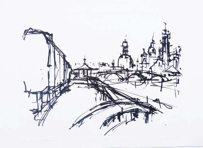 Neustädter Elbufer. 
Steindruck (Tusche).
32 x 43 cm. 2017
Auflage: 3