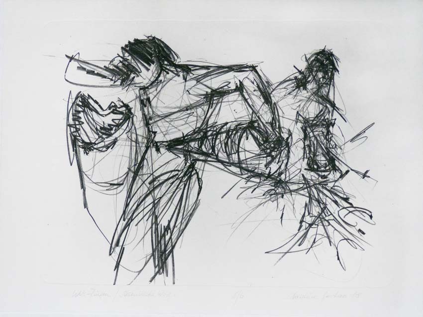 Wels-Ringen/Stürmische Wogen.
Steindruck (Kreide).
32 x 43 cm. 2018
Auflage: 6